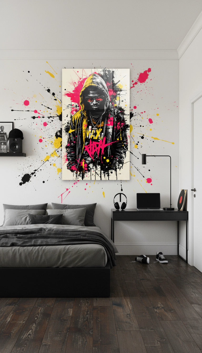 King of the Street - Peinture murale en verre acrylique de style street art pour intérieurs loft modernes